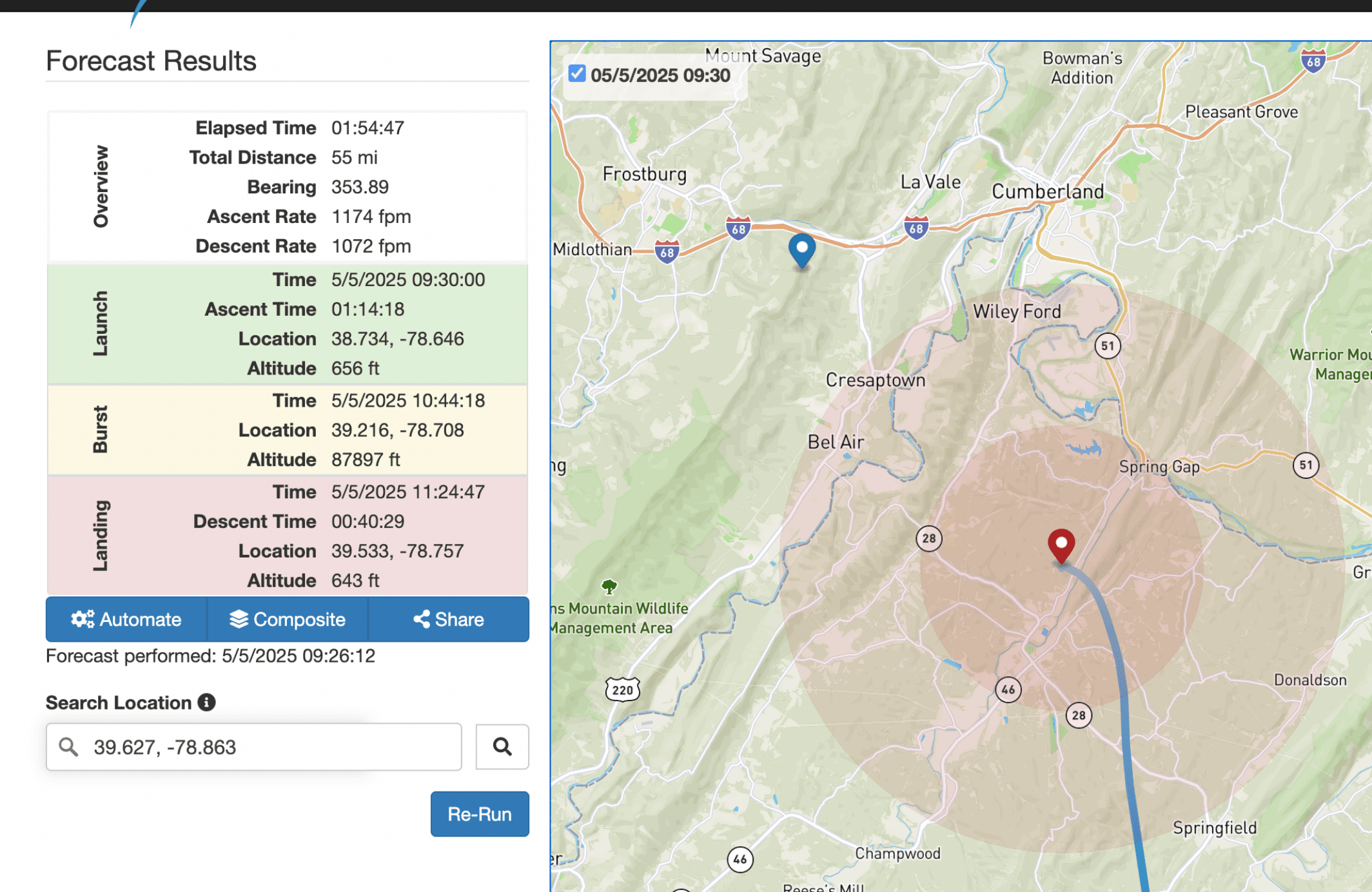 StratoCast flight forecast for the Project STAR launch showing the predicted burst altitude and landing zone
